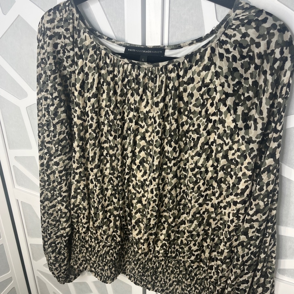 White House Black Market Army Green, Black and Tan Pleated Long Sleeve Blouse